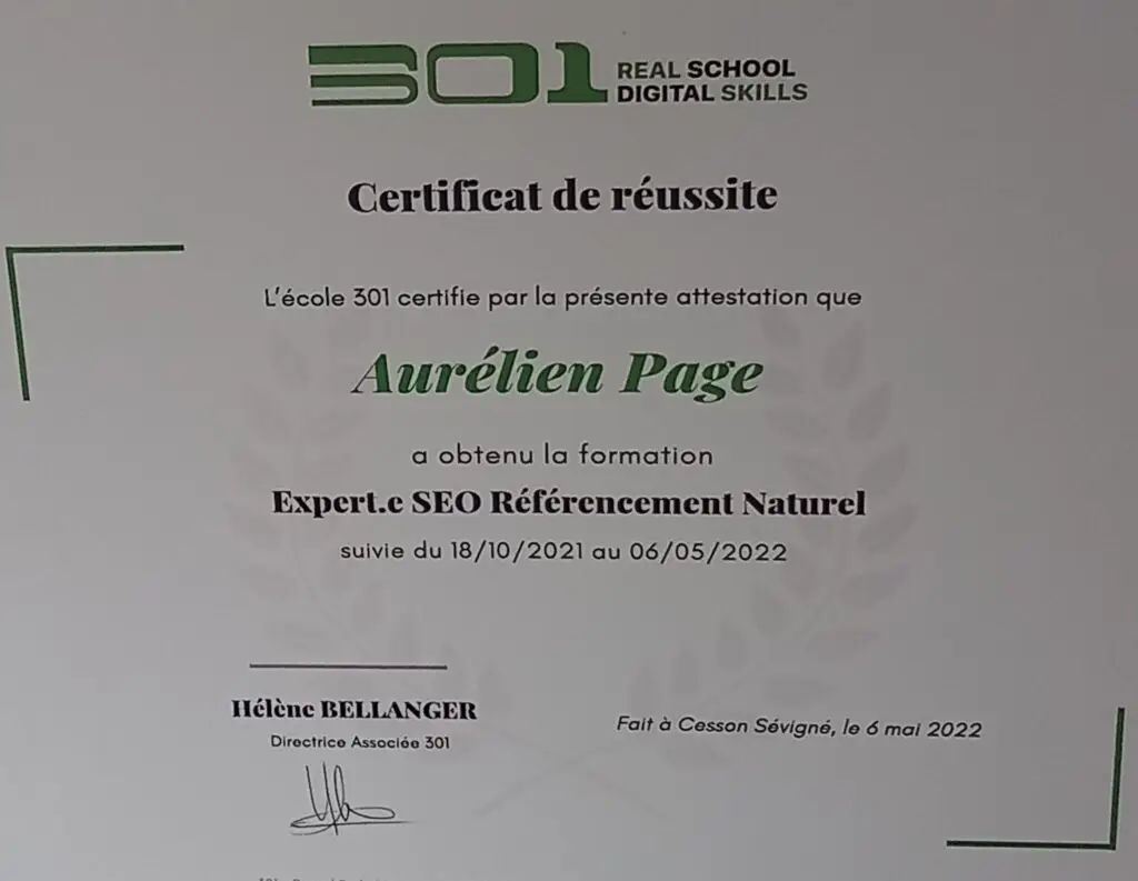 Aurélien PAGE, diplômé en tant qu'expert SEO en mai 2022.