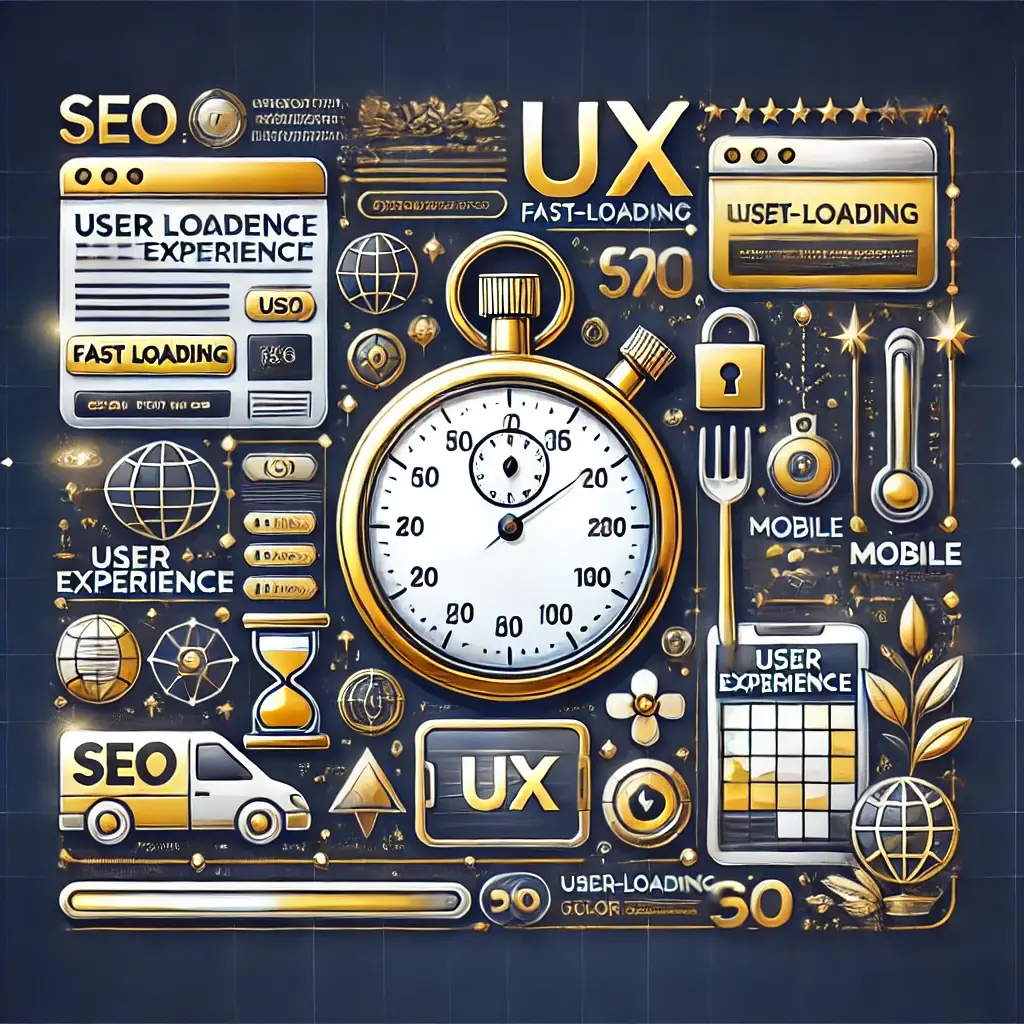 Illustration de l'importance de l'expérience utilisateur (UX) pour le SEO, incluant des éléments comme la rapidité du site, la compatibilité mobile, et une navigation fluide