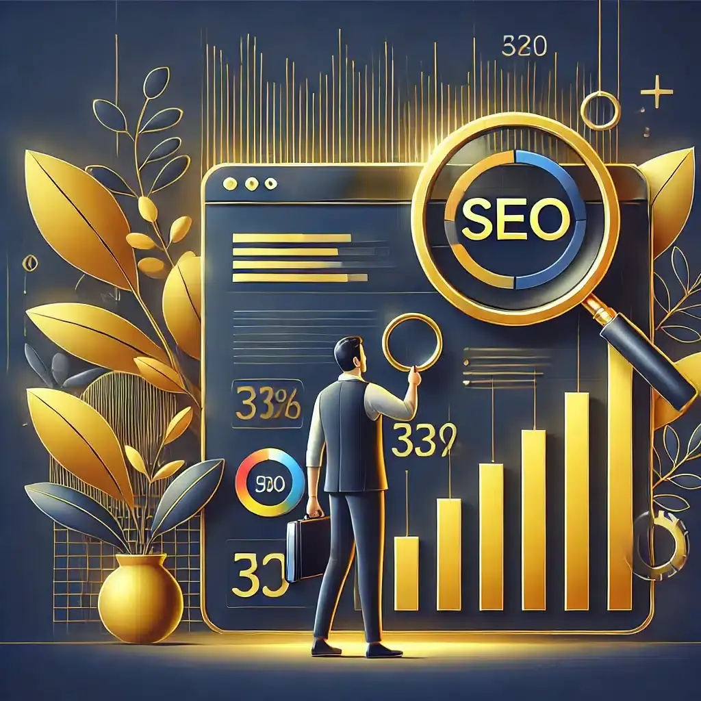 Illustration numérique représentant le concept de SEO avec un personnage interagissant avec une interface SEO, comprenant des éléments tels qu'une fusée, une loupe, et un graphique à barres, le tout dans une palette de couleurs or et bleu foncé.