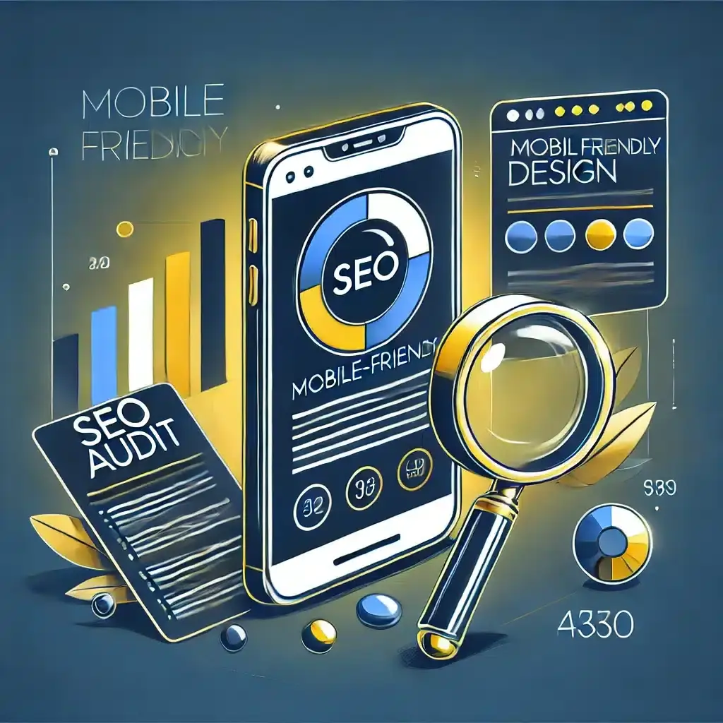 Illustration numérique représentant l'importance d'un design adapté aux mobiles dans un audit SEO, avec des éléments tels qu'un smartphone, une interface responsive, et une loupe, dans un schéma de couleurs or et bleu foncé.