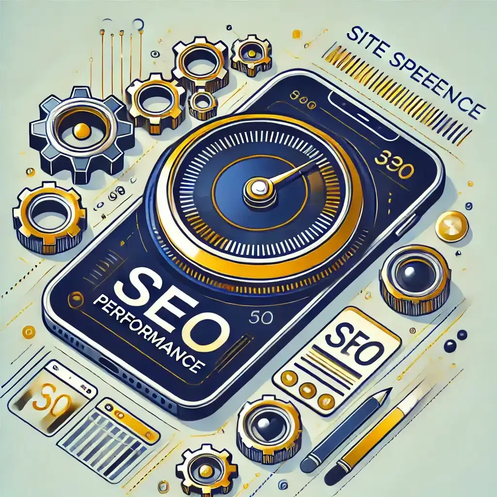 Illustration numérique représentant la performance SEO, avec des éléments comme un smartphone affichant un indicateur de vitesse, des engrenages, et des icônes de SEO