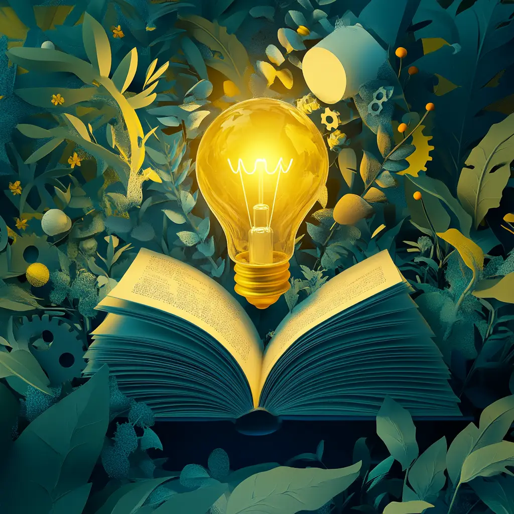 Scène numérique créative montrant une ampoule jaune brillante émergeant d'un livre ouvert dans un environnement dense de feuillage, symbolisant l'étincelle de créativité et de nouvelles idées.