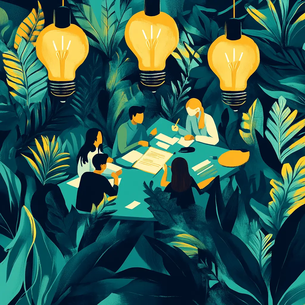 Illustration numérique montrant un groupe de copywriters collaborant autour d'une table, illuminés par de grandes ampoules jaunes suspendues au-dessus, dans un décor de feuillage luxuriant vert.