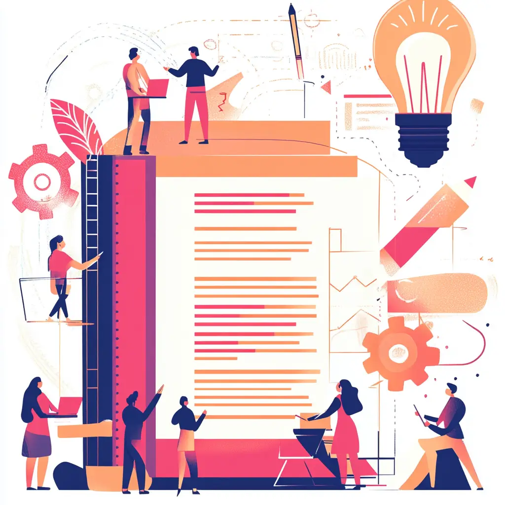 Illustration numérique moderne montrant plusieurs personnes interagissant avec un grand document sur une plateforme de travail collaborative. Des éléments comme des engrenages, des ampoules, et des crayons entourent le document, représentant la créativité et la collaboration. La palette de couleurs est principalement axée sur des tons chauds.