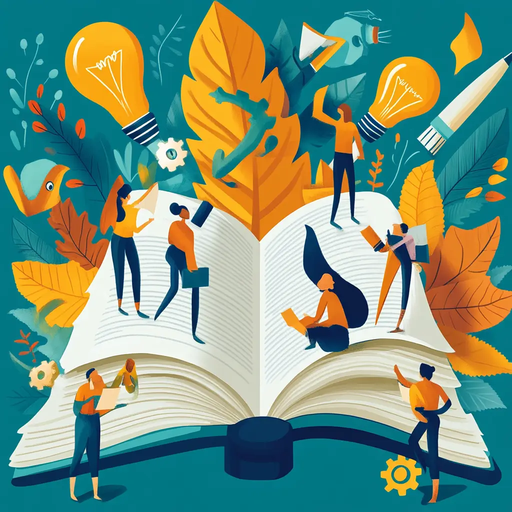 Illustration numérique moderne où plusieurs personnes interagissent autour d'un livre géant, entourées d'éléments naturels comme des feuilles et des ampoules. La scène est baignée dans des teintes douces de jaune et de vert, évoquant une atmosphère paisible et créative.