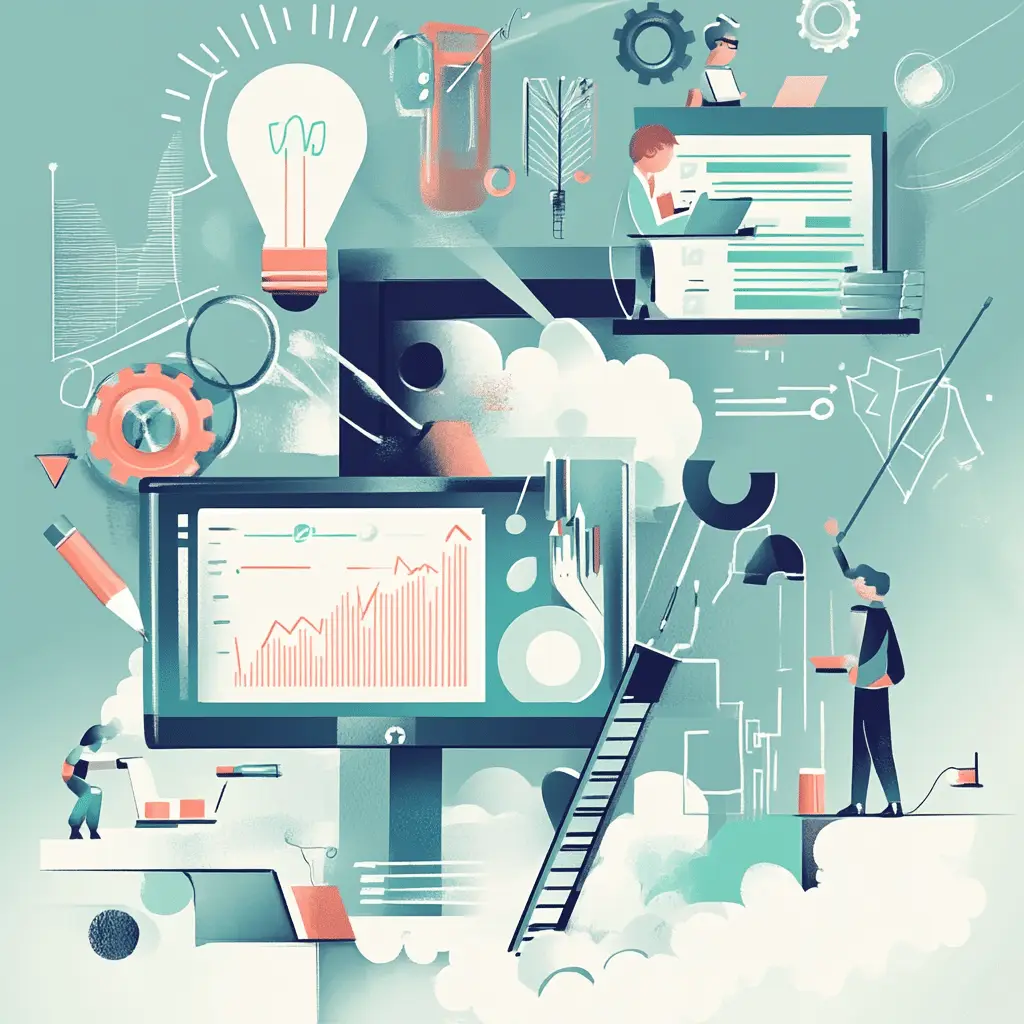 Illustration numérique représentant des personnages interagissant avec un grand écran d'ordinateur, mettant en avant la création de contenu web avec un focus sur la gestion de sites web et le SEO