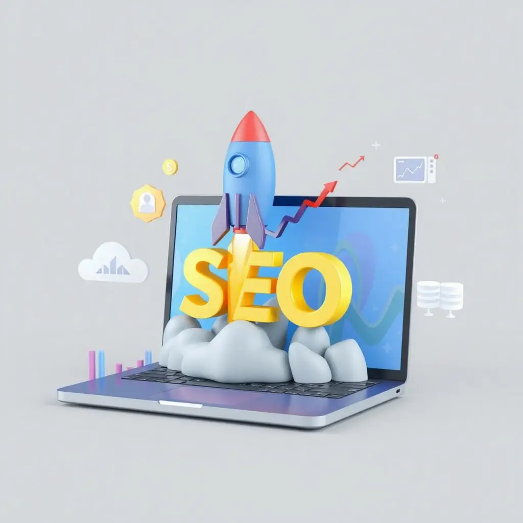 Graphisme 3D SEO avec une fusée décollant d'un ordinateur portable, symbolisant l'optimisation et l'amélioration des performances web.