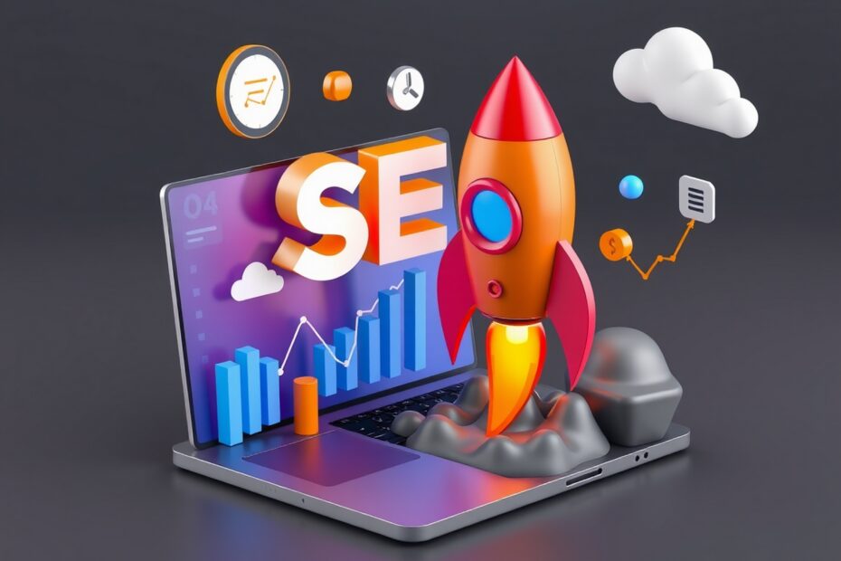 Illustration 3D SEO avec une fusée orange représentant des stratégies de marketing numérique propulsées par des données analytiques.