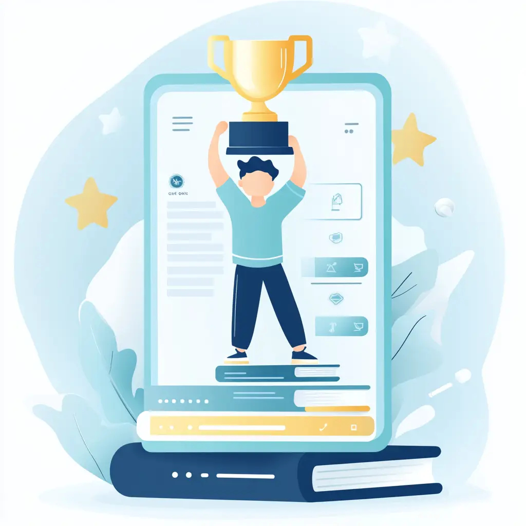 Conception d'une page d'accueil de site web moderne avec une mise en page minimaliste, montrant un personnage tenant un trophée au-dessus de sa tête tout en se tenant sur une pile de livres. La palette de couleurs est principalement bleu clair et blanc avec des éléments en or (#FFD700) pour mettre en valeur les boutons et les titres. Des formes d'étoiles abstraites sont incluses en arrière-plan pour ajouter une sensation de réussite et de succès.