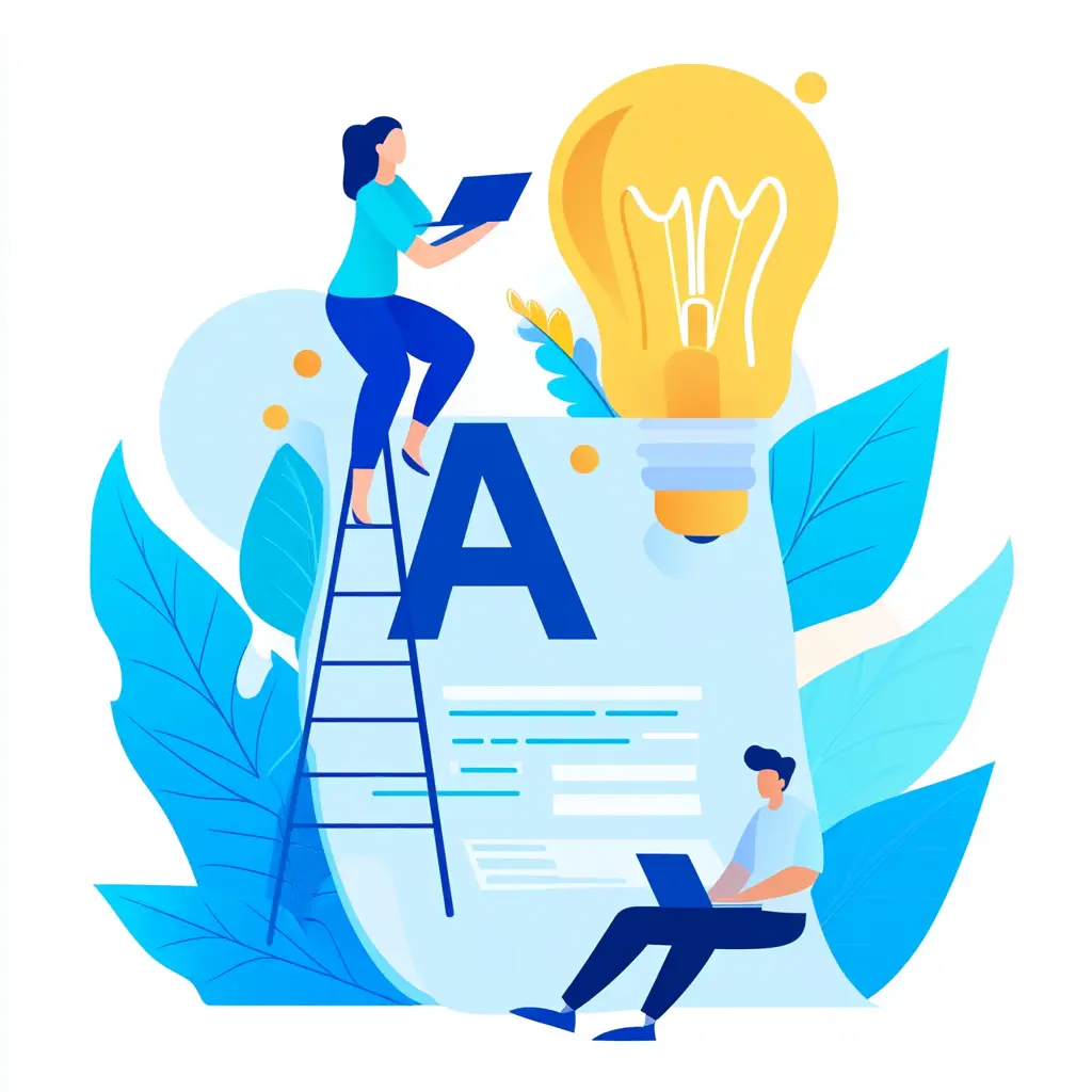 Œuvre d'art conceptuelle vibrante de deux individus collaborant sur un grand document numérique. Une personne est debout sur une échelle, plaçant une grande lettre "A" bleue, tandis qu'une autre est assise au sommet du document avec un ordinateur portable. Les éléments d'arrière-plan comprennent des feuilles abstraites et une ampoule lumineuse, avec une utilisation stratégique de l'or (#FFD700) pour les surlignages de texte, l'ampoule et certains éléments d'arrière-plan. L'atmosphère est créative, dynamique et moderne.