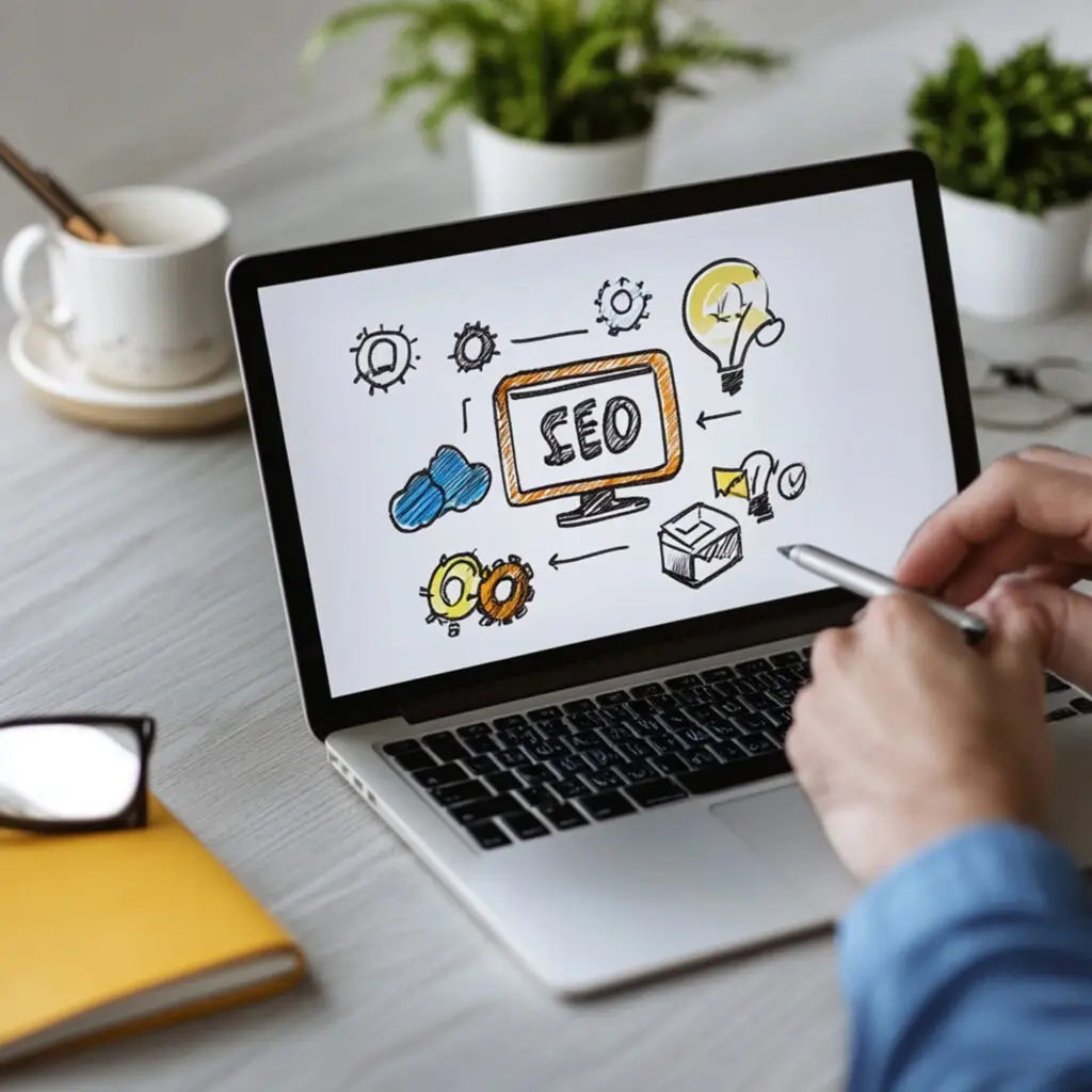 Illustration SEO sur un ordinateur portable avec des éléments graphiques représentant des stratégies de marketing digital.