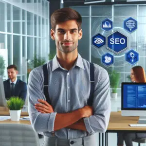 Consultant SEO freelance souriant dans un bureau moderne avec des icônes digitales de SEO en arrière-plan, représentant l'optimisation des moteurs de recherche.