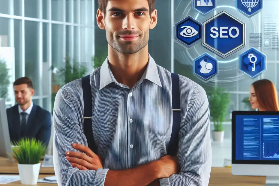 Consultant SEO freelance souriant dans un bureau moderne avec des icônes digitales de SEO en arrière-plan, représentant l'optimisation des moteurs de recherche.