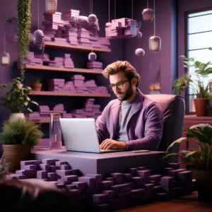 Homme travaillant sur un ordinateur portable dans un bureau moderne, décoré de plantes et d'éléments géométriques violets