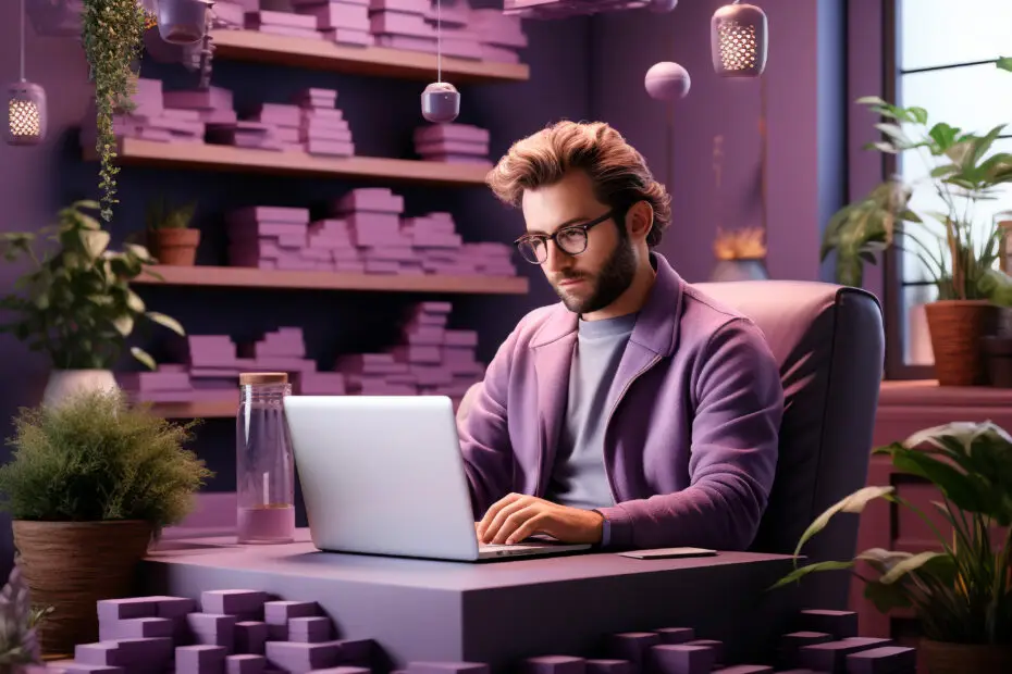 Homme travaillant sur un ordinateur portable dans un bureau moderne, décoré de plantes et d'éléments géométriques violets